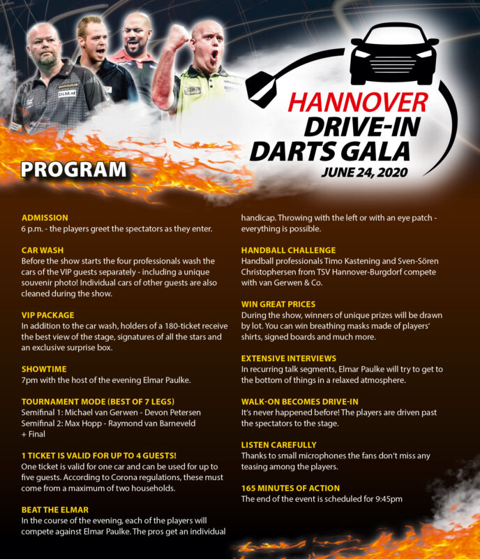 Program of the Hannover Drive-in Darts Gala 2020, showing Michael van Gerwen, Raymond van Barneveld, Max Hopp und Devon Petersen