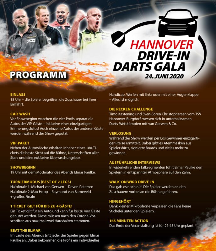 Programm der Hannover Drive-in Darts Gala 2020. Zeigt Michael van Gerwen, Raymond van Barneveld, Max Hopp und Devon Petersen