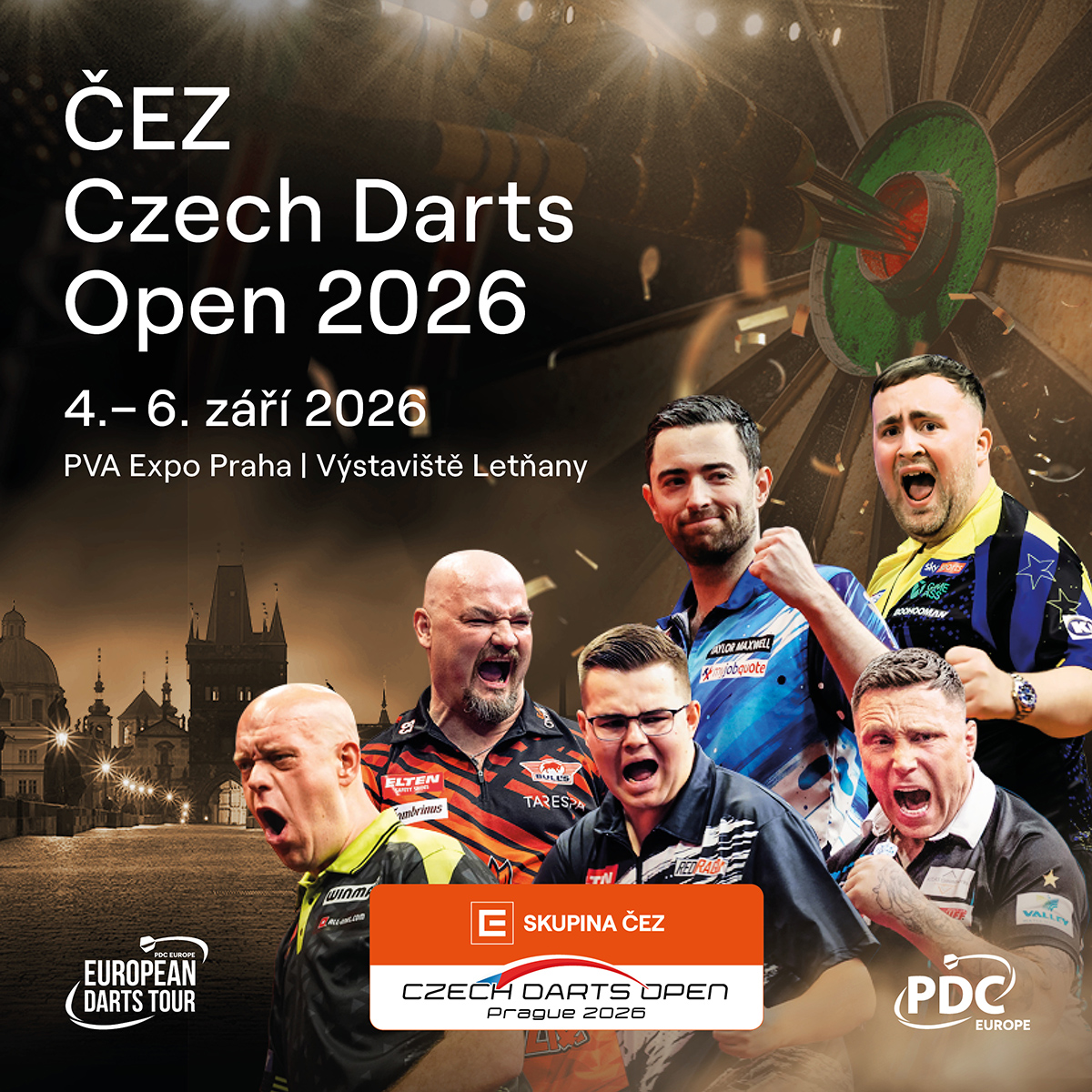 Eventgrafik der Czech Darts Open 2026 im PVA Expo in Prag. Zeigt Michael van Gerwen, Luke Littler, Luke Humphries, Gian van Veen, Gerwyn Price und Karel Sedláček.