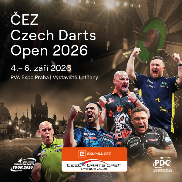 Eventgrafik der Czech Darts Open 2026 im PVA Expo in Prag. Zeigt Michael van Gerwen, Luke Littler, Luke Humphries, Gerwyn Price und Karel Sedláček.