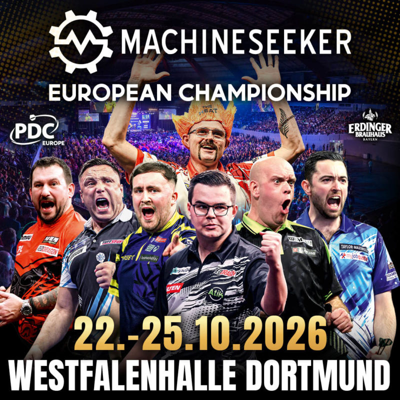 Eventgrafik der Machineseeker European Championship in der Westfalenhalle in Dortmund. Zeigt Damon Heta, Jonny Clayton, Gerwyn Price, Luke Littler, Gian van Veen, Michael van Gerwen und Luke Humphries.