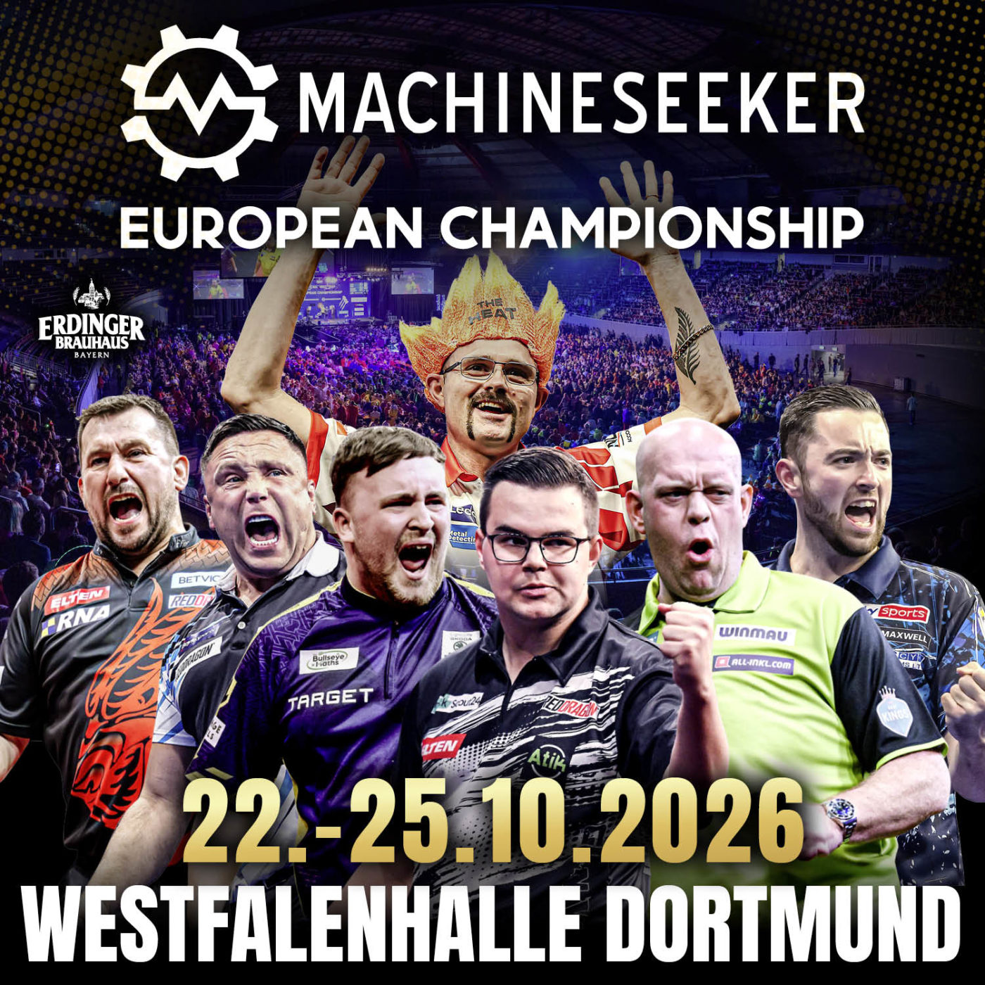 Eventgrafik der Machineseeker European Championship 2026 in der Westfalenhalle in Dortmund, Zeigt Damon Heta, Jonny Clayton, Gerwyn Price, Luke Littler, Gian van Veen, Michael van Gerwen und Luke Humphries.