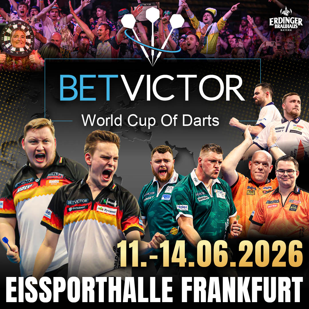 Eventgrafik des BetVictor World Cup of Darts 2026 in der Eissporthalle Frankfurt. Zeigt Martin Schindler, Ricardo Pietreczko, Josh Rock, Daryl Gurney, Michael van Gerwen, Gian van Veen, Luke Humphries und Luke Littler.