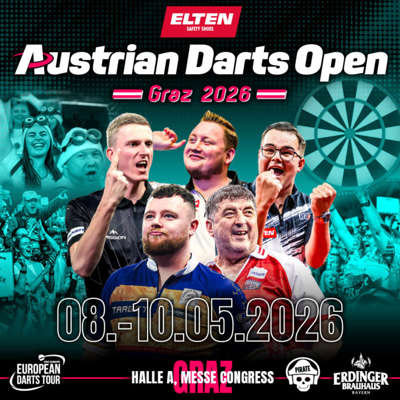 Eventgrafik der Austrian Darts Open 2026 in der Halle A im Messe Congress Graz. Zeigt Wessel Nijman, Martin Schindler, Gian van Veen, Josh Rock und Mensur Suljovic.
