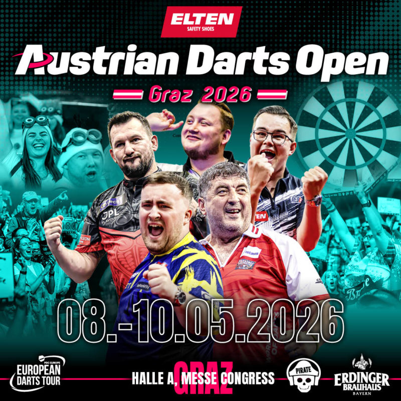 Eventgrafik der Austrian Darts Open 2026 in der Halle A im Messe Congress Graz. Zeigt Jonny Clayton, Martin Schindler, Gian van Veen, Luke Littler und Mensur Suljovic.