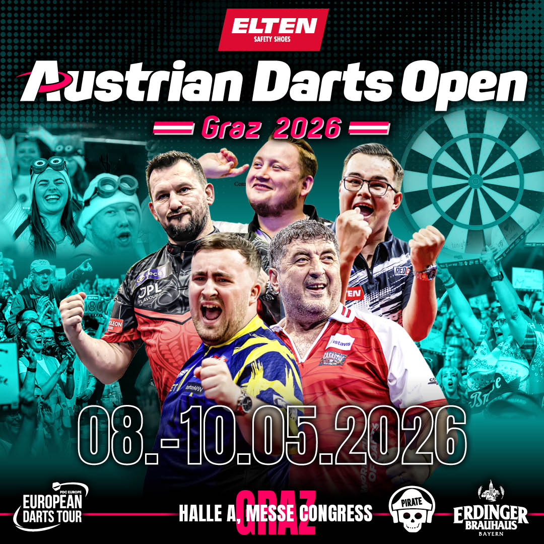 Eventgrafik der Austrian Darts Open 2026 in der Halle A im Messe Congress Graz. Zeigt Jonny Clayton, Martin Schindler, Gian van Veen, Luke Littler und Mensur Suljovic.