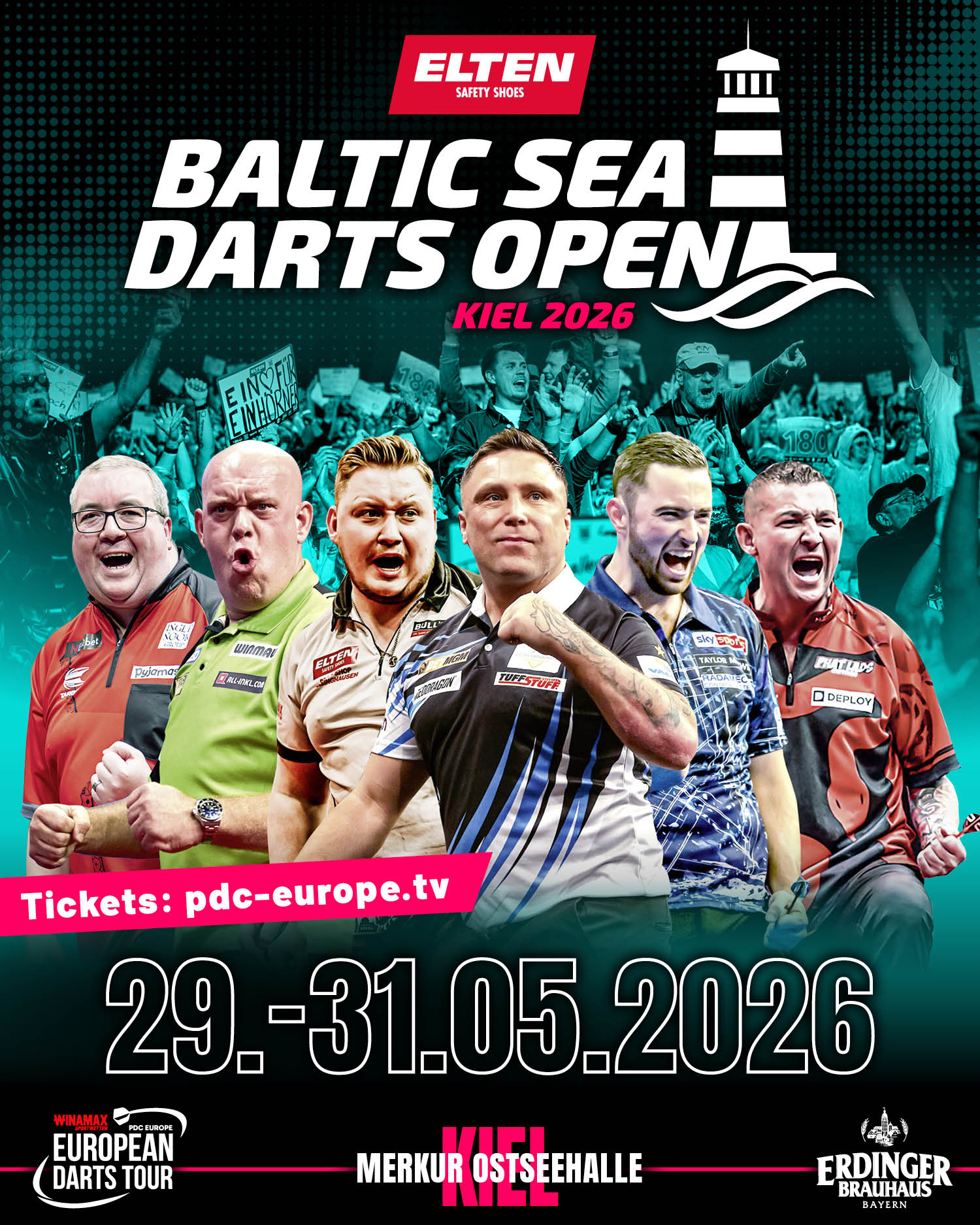 Eventgrafik der ELTEN Safety Shoes Baltic Sea Darts Open 2026 in der MERKUR Ostseehalle in Kiel. Zeigt Gerwyn Price, Martin Schindler, Michael van Gerwen, Stephen Bunting, Luke Humphries, Nathan Aspinall.