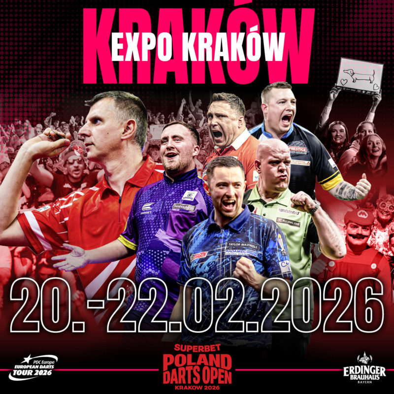 Eventgrafik der Poland Darts Open 2026 im EXPO Kraków in Krakau. Zeigt Krzysztof Ratajski, Luke Littler, Gerwyn Price, Chris Dobey, Luke Humphries und Michael van Gerwen.