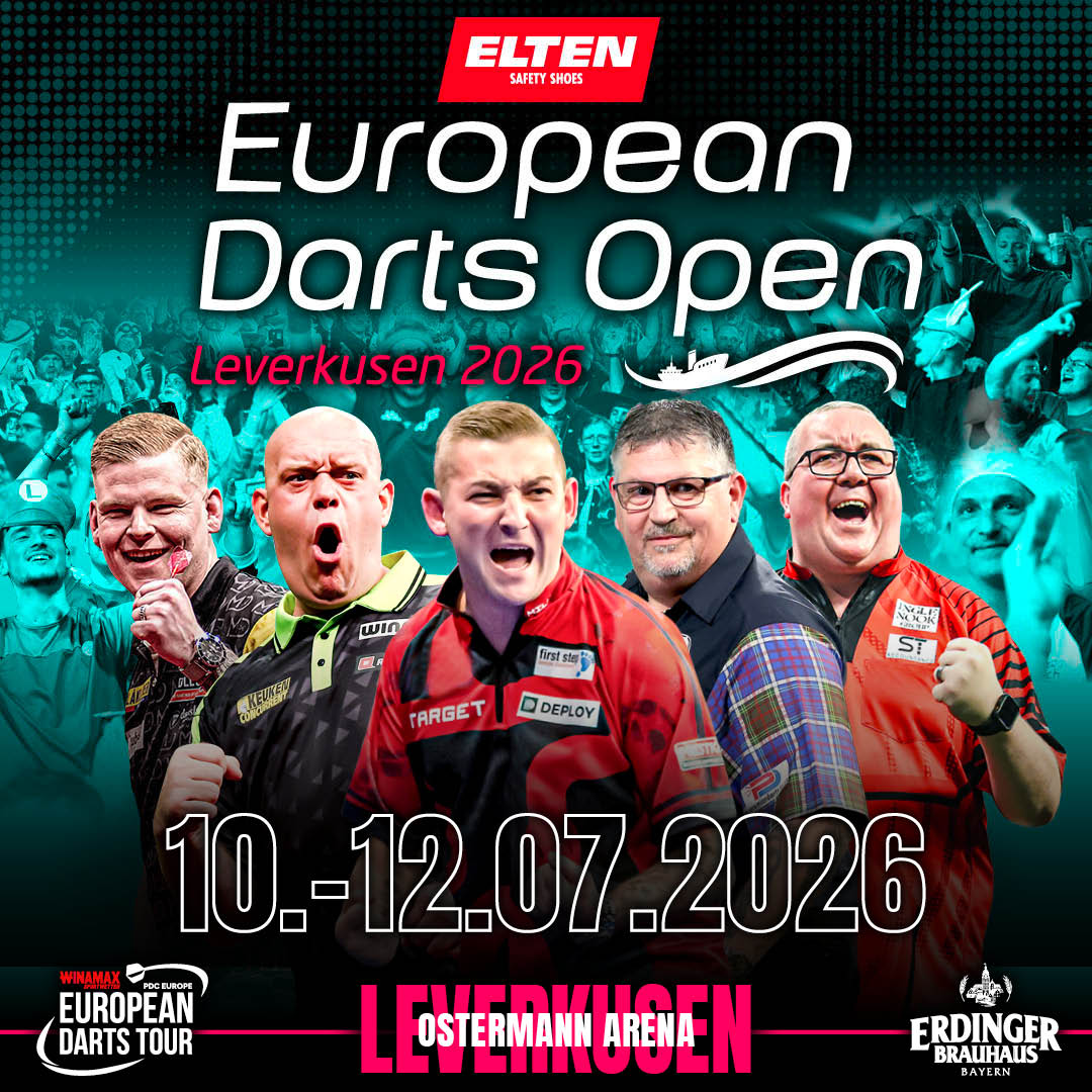 Eventgrafik der European Darts Open 2026 in der Ostermann Arena in Leverkusen. Zeigt Mike De Decker, Michael van Gerwen, Nathan Aspinall, Gary Anderson und Stephen Bunting.