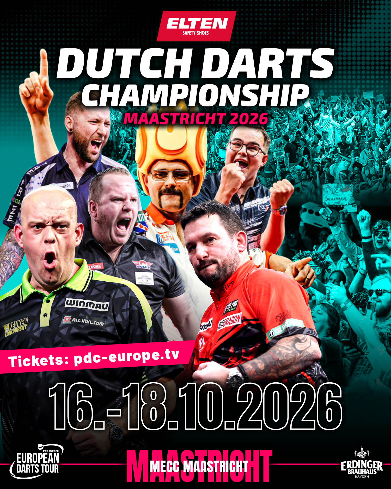 Eventgrafik der ELTEN Safety Shoes Dutch Darts Championship im MECC Maastricht in Maastricht. Zeigt MIchael van Gerwen, Dirk van Duijvenbode, Danny Noppert, Damon Heta, Jonny Clayton und Gian van Veen.