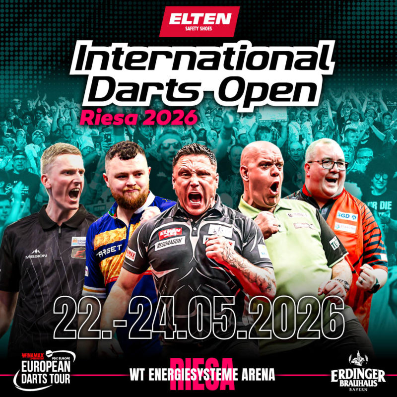 Eventgrafik der International Darts Open 2026 in der WT Energiesysteme Arena in Riesa. Zeigt Wessel Nijman, Josh Rock, Gerwyn Price, Stephen Bunting und Michael van Gerwen.