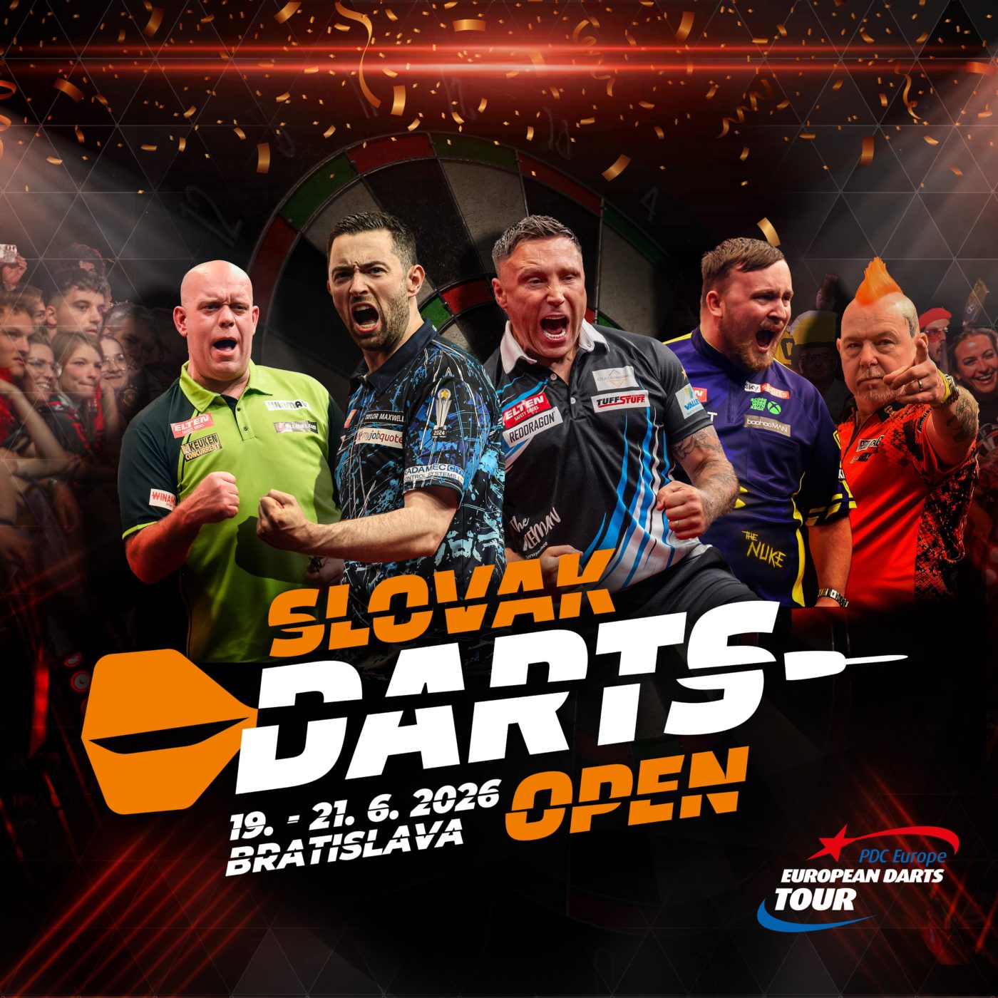 Eventgrafik der Slovak Darts Open 2026 im Incheba Expo in Bratislava. Zeigt Michael van Gerwen, Luke Humphries, Gerwyn Price, Luke Littler und Peter Wright.