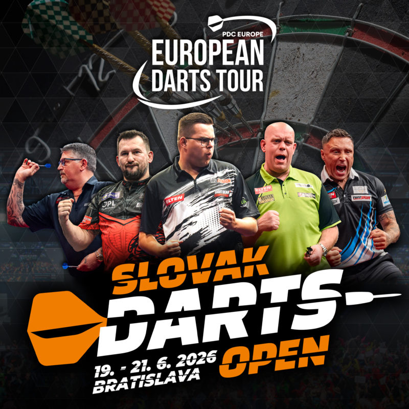 Eventgrafik der Slovak Darts Open 2026 im Incheba Expo in Bratislava. Zeigt Gary Anderson, Jonny Clayton, Gian van Veen, Michael van Gerwen und Gerwyn Price.