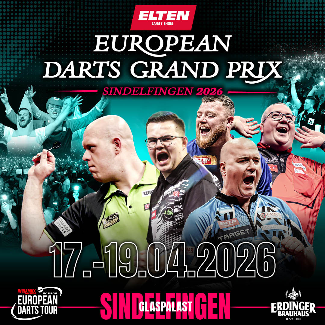 Eventgrafik des European Darts Grand Prix im Glaspalast in Sindelfingen. Zeigt Michael van Gerwen, Gian van Veen, Rob Cross, Josh Rock und Stephen Bunting.