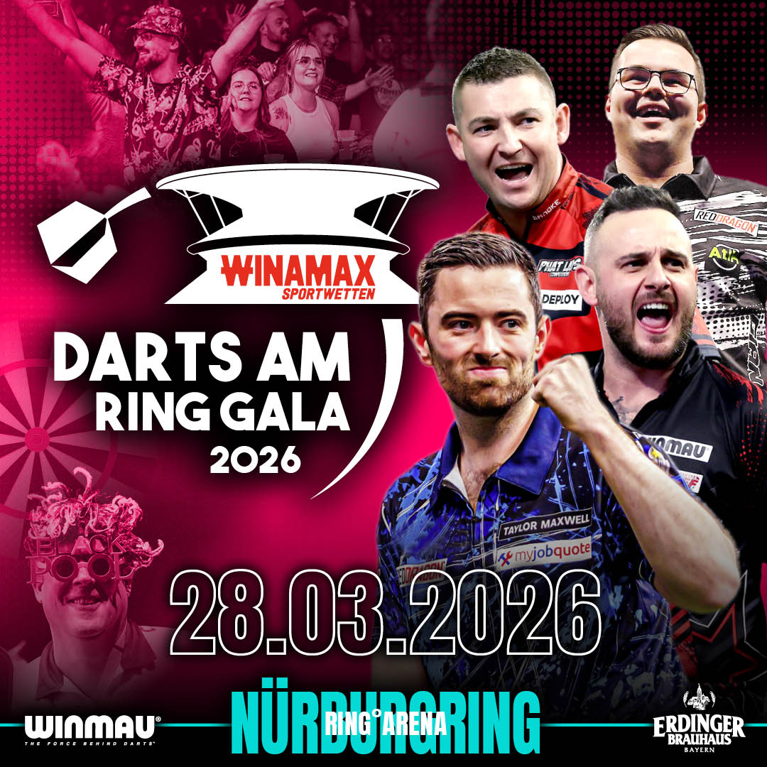 Eventgrafik der Darts am Ring Gala 2026 in der ring°arena am Nürburgring. Zeigt Nathan Aspinall, Luke Humphries, Joe Cullen und Gian van Veen.