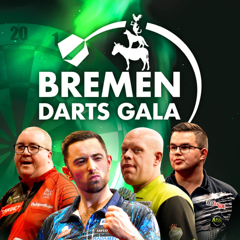 Eventgrafik der Bremen Darts Gala 2026 in der ÖVB-Arena. Zeigt Stephen Bunting, Luke Humphries, Michael van Gerwen und Gian van Veen.