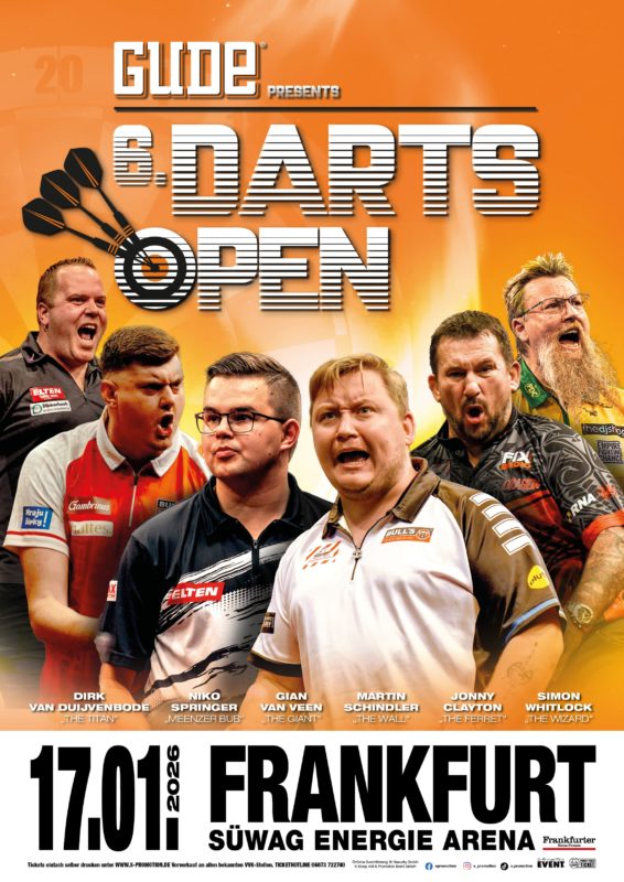 Eventgrafik der 6. Gude Darts Open in der SÜWAG Energie Arena in Frankfurt. Zeigt Dirk van Duijvenbode, Niko Springer, Gian van Veen, Martin Schindler, Jonny Clayton und Simon Whitlock.