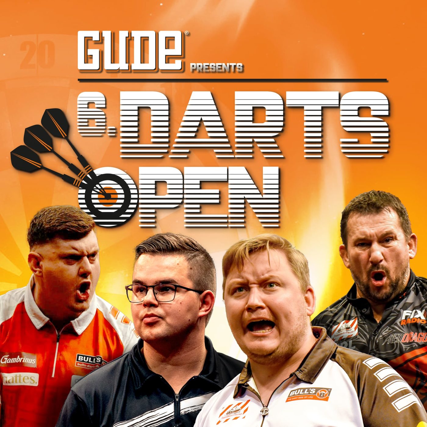 Eventgrafik der 6. Gude Darts Open in der SÜWAG Energie Arena in Frankfurt. Zeigt Niko Springer, Gian van Veen, Martin Schindler und Jonny Clayton.