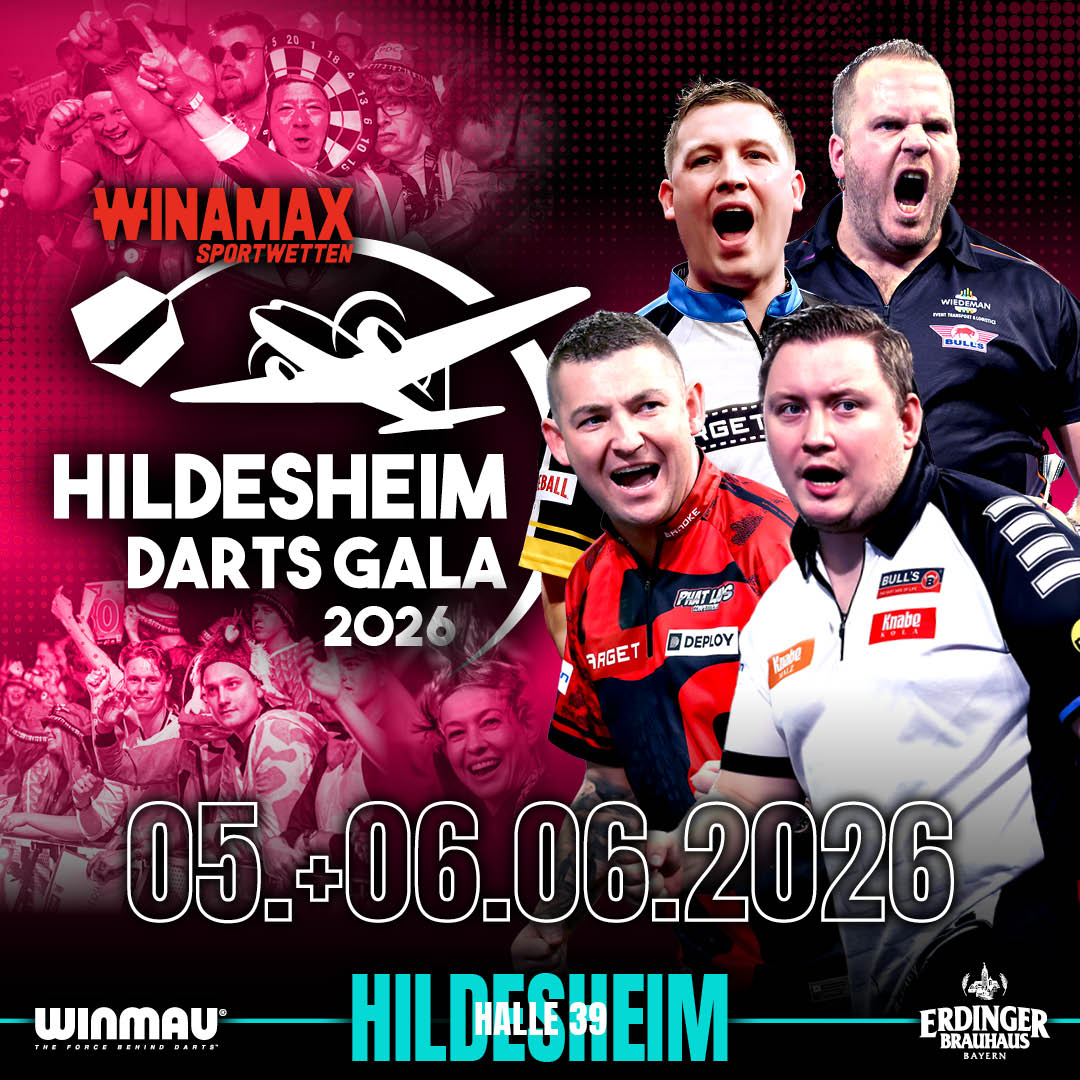 Eventgrafik der Hildesheim Darts Gala 2026 in der Halle 39. Zeigt Dirk van Duijvenbode, Nathan Aspinall, Martin Schindler und Chris Dobey.
