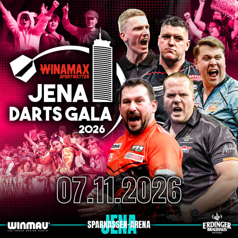 Eventgrafik der Jena Darts Gala 2026 in der Sparkassen-Arena in Jena. Zeigt Dirk van Duijvenbode, Wessel Nijman, Daryl Gurney, Paul Krohne und Jonny Clayton.