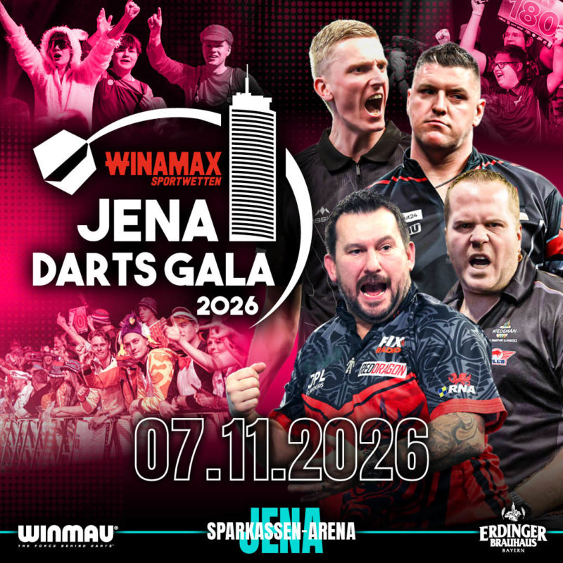 Eventgrafik der Jena Darts Gala 2026 in der Sparkassen-Arena in Jena. Zeigt Dirk van Duijvenbode, Wessel Nijman, Daryl Gurney und Jonny Clayton.