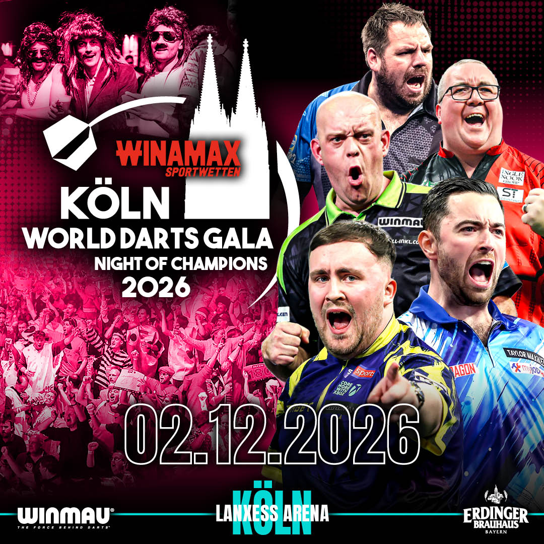 Eventgrafik der Winamax Köln World Darts Gala in der LANXESS arena in Köln. Zeigt Luke Littler, Michael van Gerwen, Luke Humphries, Adrian Lewis und Stephen Bunting.