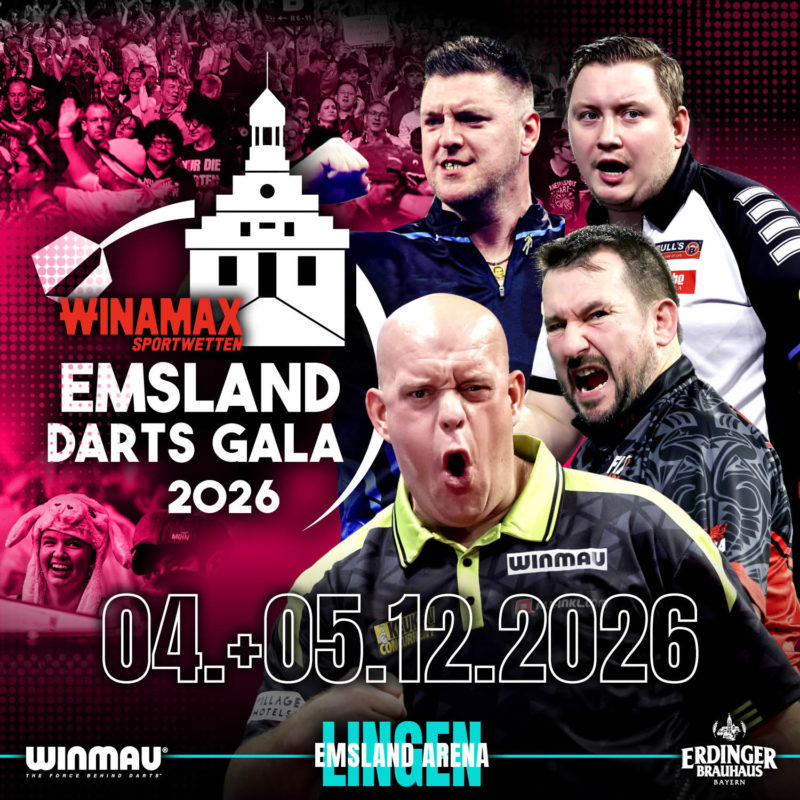 Eventgrafik der Emsland Darts Gala 2026 in der Emsland Arena in Lingen. Zeigt Martin Schindler, Michael van Gerwen, Jonny Clayton und Daryl Gurney.