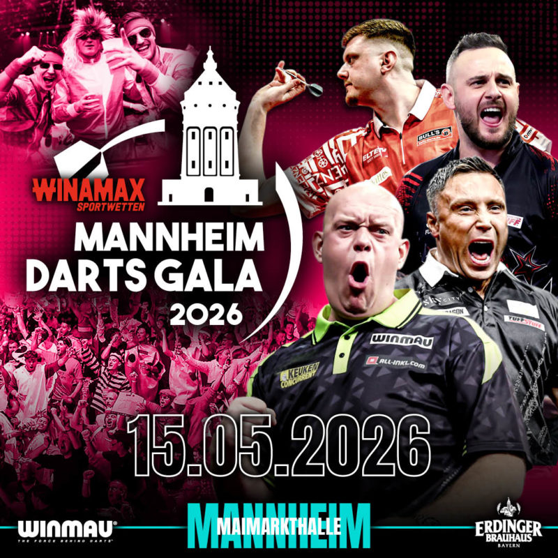 Eventgrafik der Mannheim Darts Gala 2026 in der Maimarkthalle. Zeigt Niko Springer, Joe Cullen, Michael van Gerwen und Gerwyn Price.