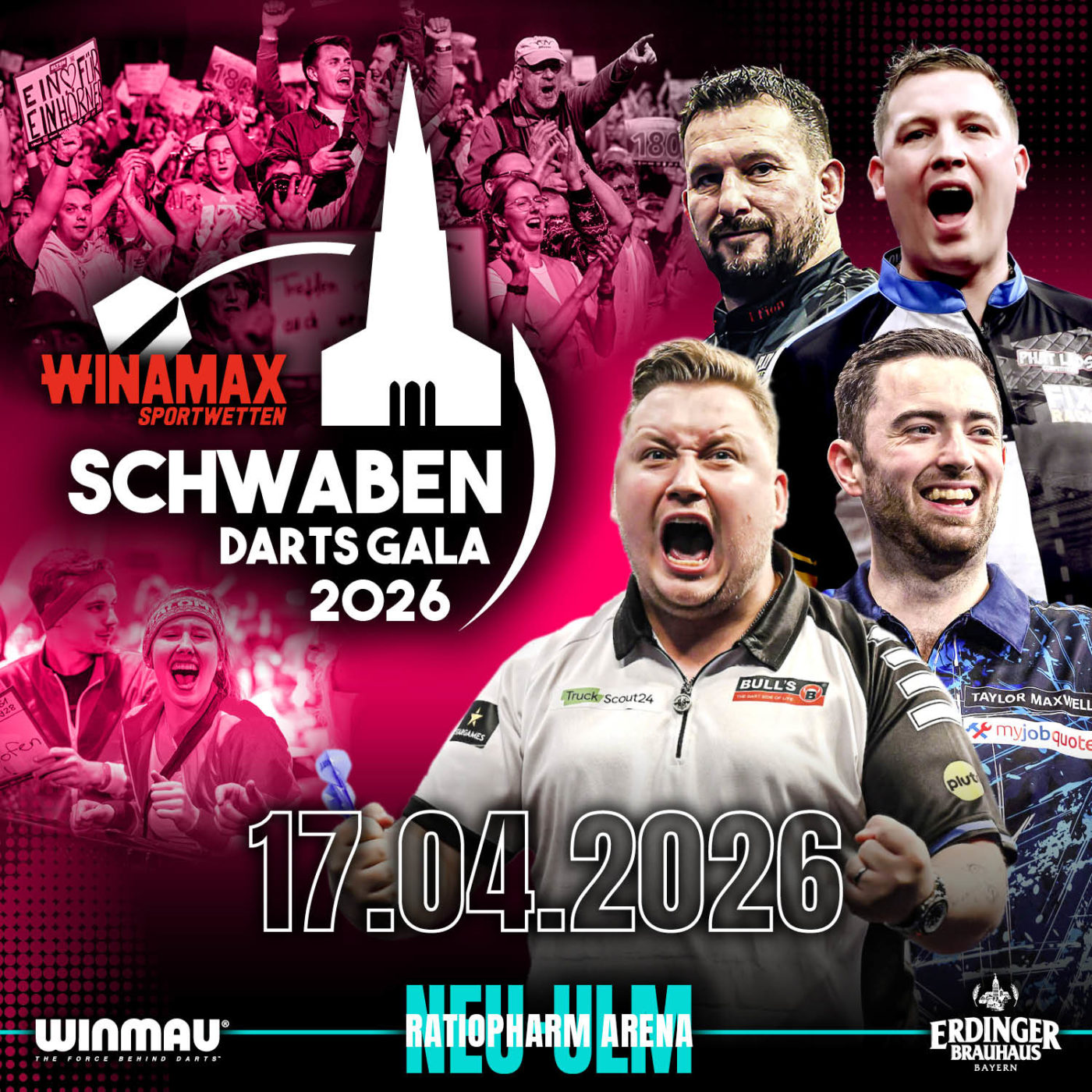 Eventgrafik der Schwaben Darts Gala 2026 in der ratiopharm Arena in Neu-Ulm. Zeigt Jonny Clayton, Martin Schindler, Luke Humphries und Chris Dobey.