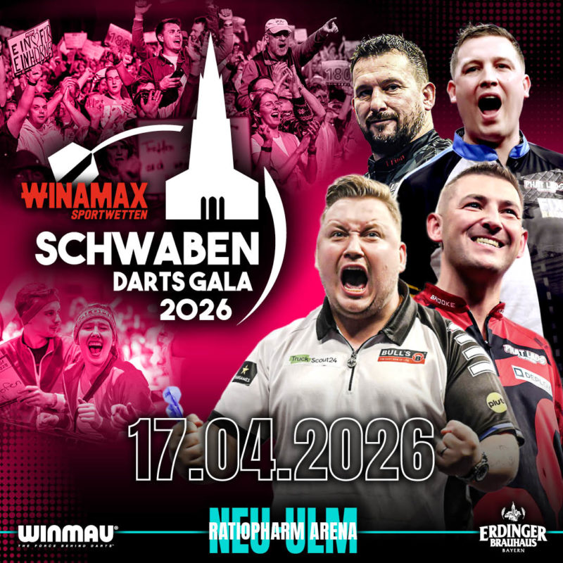 Eventgrafik der Schwaben Darts Gala 2026 in der ratiopharm Arena in Neu-Ulm. Zeigt Jonny Clayton, Martin Schindler, Nathan Aspinall und Chris Dobey.