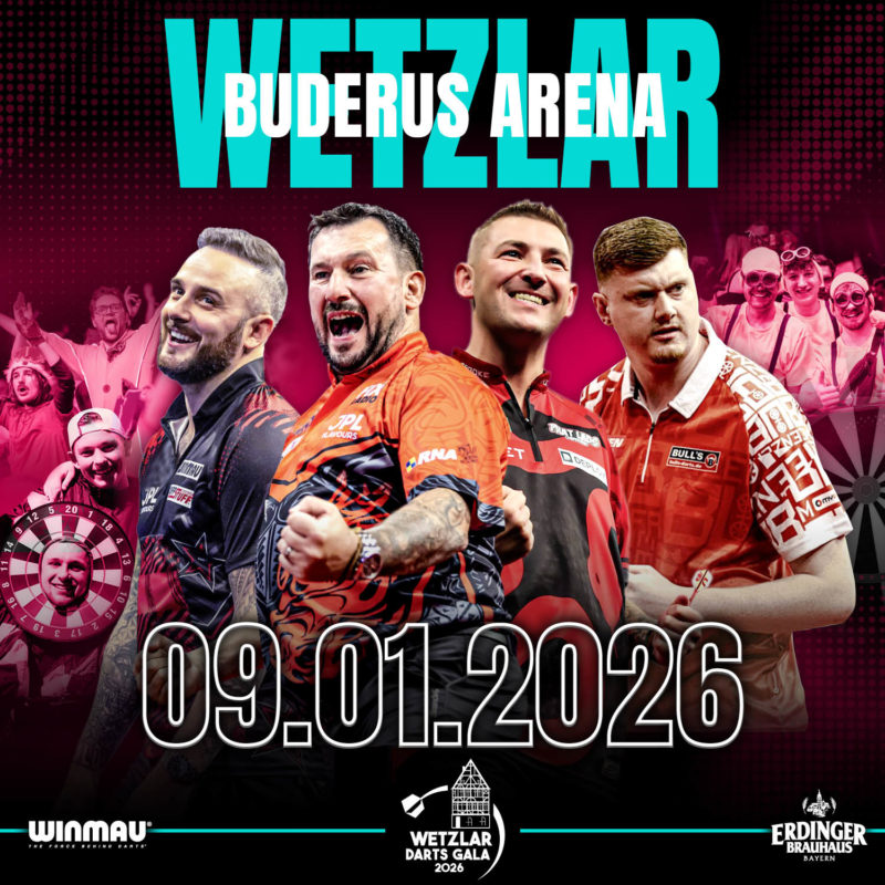 Eventgrafik der Wetzlar Darts Gala 2026 in der Buderus Arena. Zeigt Joe Cullen, Jonny Clayton, Nathan Aspinall und Niko Springer.