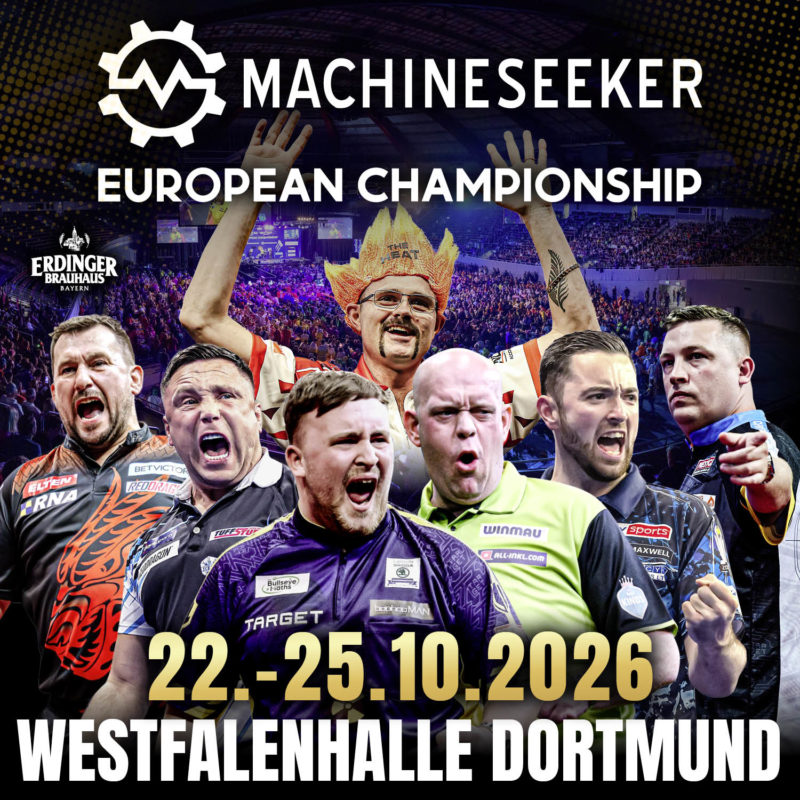 Eventgrafik der Machineseeker European Championship 2026 in der Westfalenhalle in Dortmund, Zeigt Damon Heta, Jonny Clayton, Gerwyn Price, Luke Littler, Michael van Gerwen, Luke Humphries und Chris Dobey.