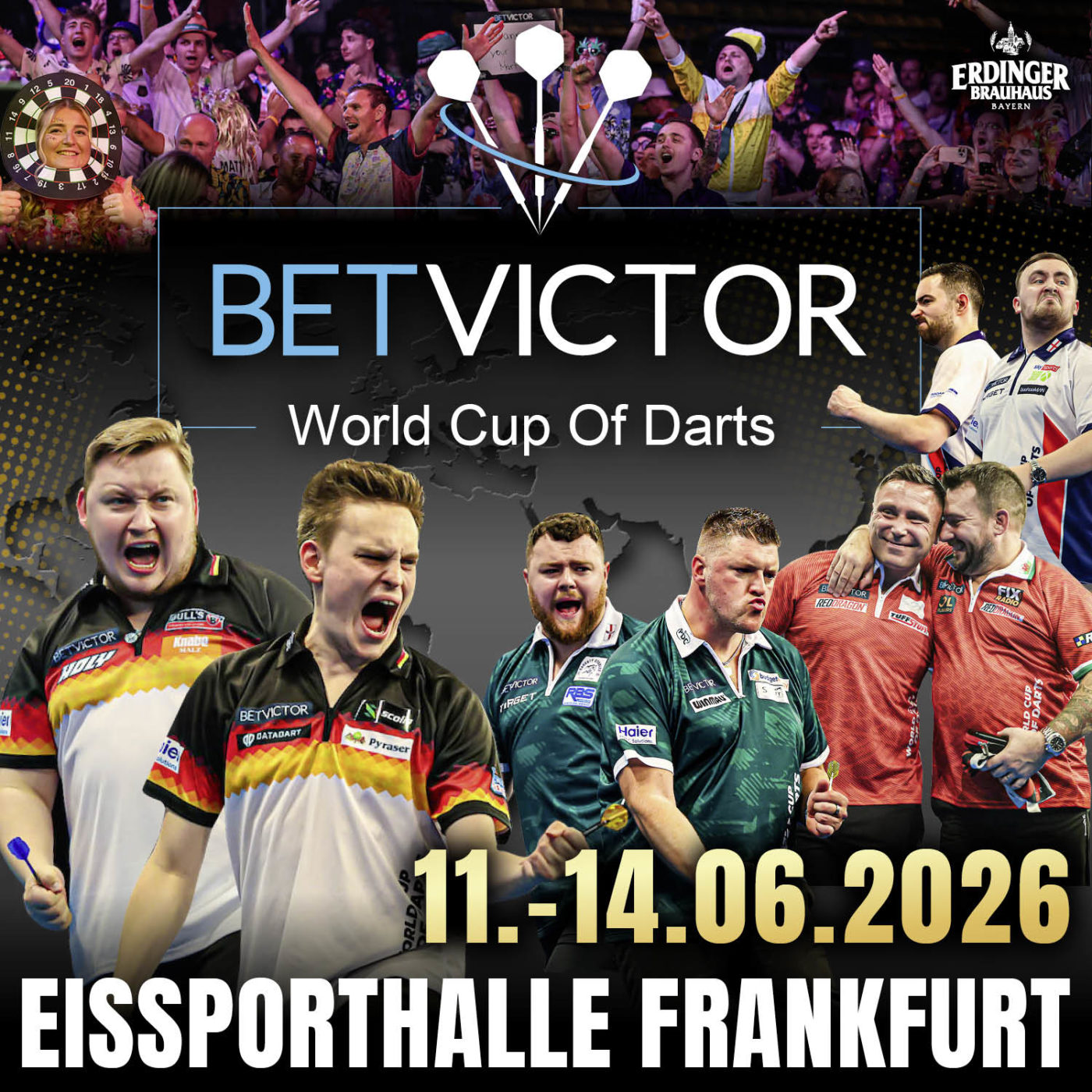 Eventgrafik des BetVictor World Cup of Darts 2026 in der Eissporthalle Frankfurt. Zeigt Martin Schindler, Ricardo Pietreczko, Josh Rock, Daryl Gurney, Gerwyn Price, Jonny Clayton, Luke Humphries und Luke Littler.