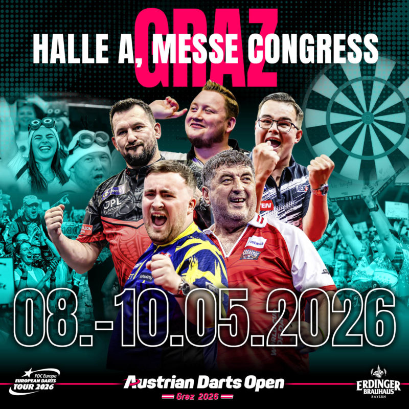 Eventgrafik der Austrian Darts Open 2026 in der Halle A im Messe Congress Graz. Zeigt Jonny Clayton, Martin Schindler, Gian van Veen, Luke Littler und Mensur Suljovic.