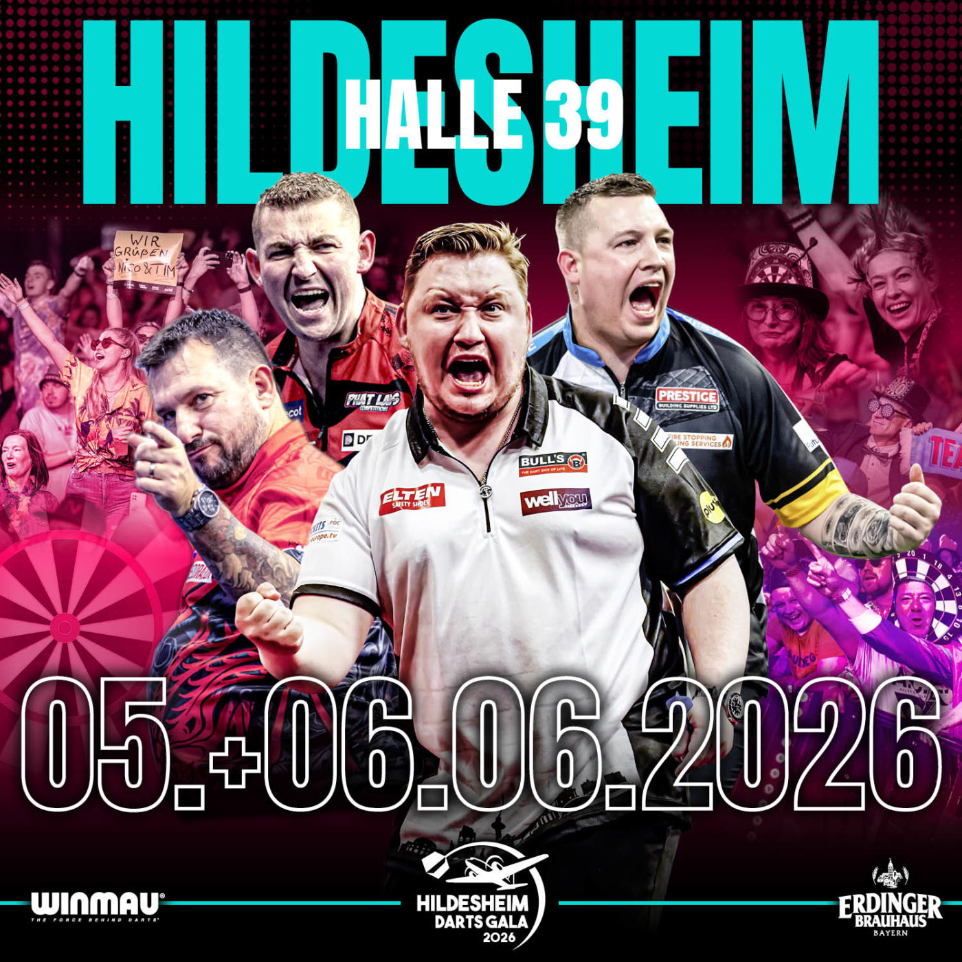 Eventgrafik der Hildesheim Darts Gala 2026 in der Halle 39. Zeigt Jonny Clayton, Nathan Aspinall, Martin Schindler und Chris Dobey.