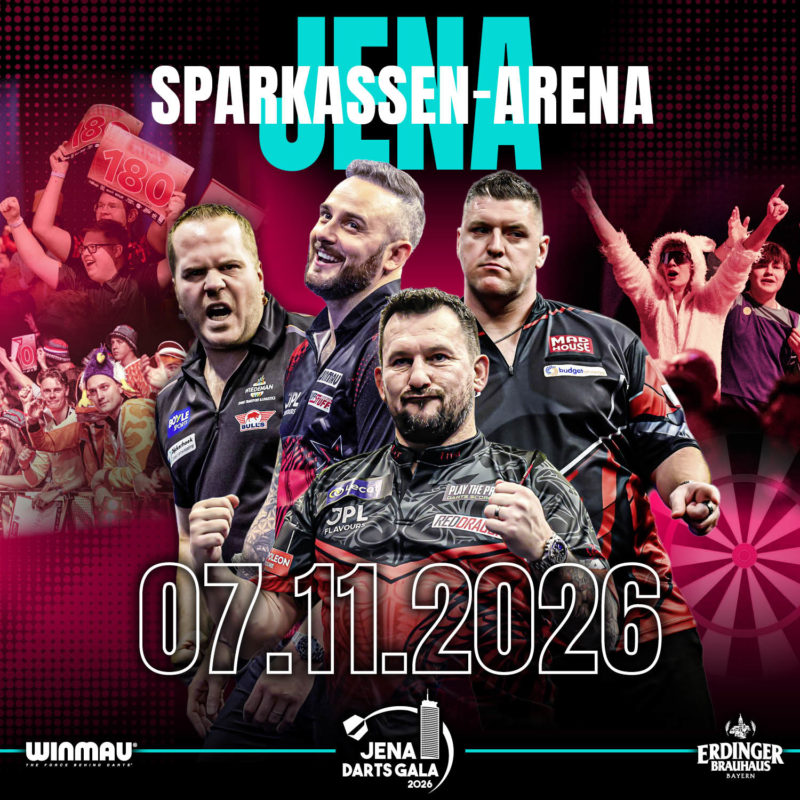 Eventgrafik der Jena Darts Gala 2026 in der Sparkassen-Arena in Jena. Zeigt Dirk van Duijvenbode, Joe Cullen, Daryl Gurney und Jonny Clayton.