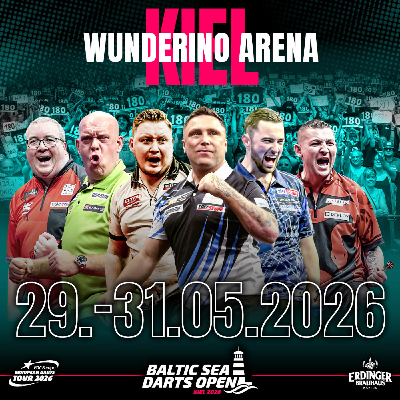 Eventgrafik der Baltic Sea Darts Open 2026 in der Wunderino Arena in Kiel. Zeigt Stephen Bunting, Michael van Gerwen, Martin Schindler, Gerwyn Price, Luke Humphries und Nathan Aspinall.