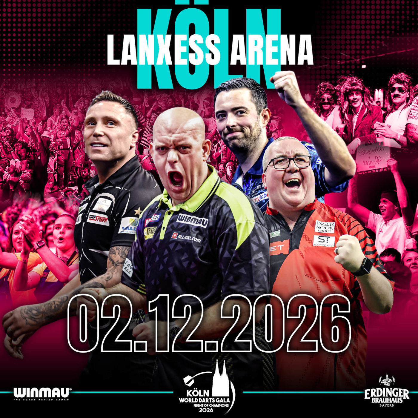 Eventgrafik der Köln World Darts Gala 2026 in der Lanxess Arena in Köln. Zeigt Gerwyn Price, Michael van Gerwen, Luke Humphries und Stephen Bunting.