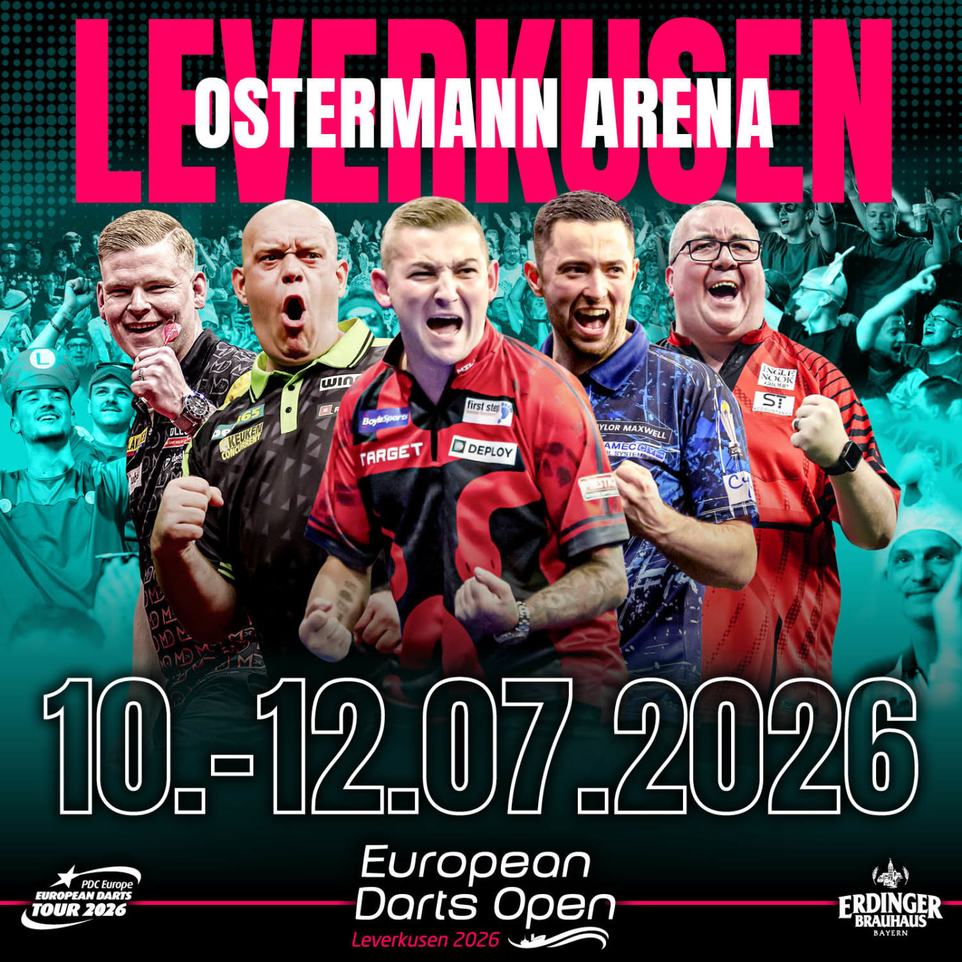 Eventgrafik der European Darts Open 2026 in der Ostermann Arena in Leverkusen. Zeigt Mike De Decker, Michael van Gerwen, Nathan Aspinall, Luke Humphries und Stephen Bunting.