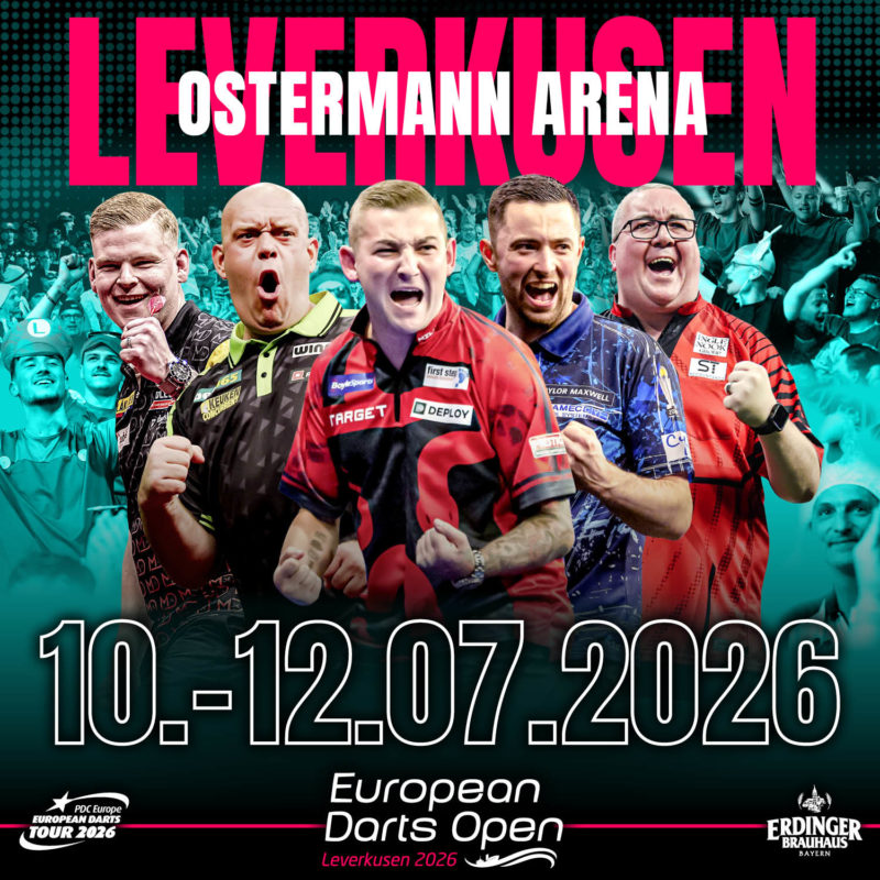 Eventgrafik der European Darts Open 2026 in der Ostermann Arena in Leverkusen. Zeigt Mike De Decker, Michael van Gerwen, Nathan Aspinall, Luke Humphries und Stephen Bunting.