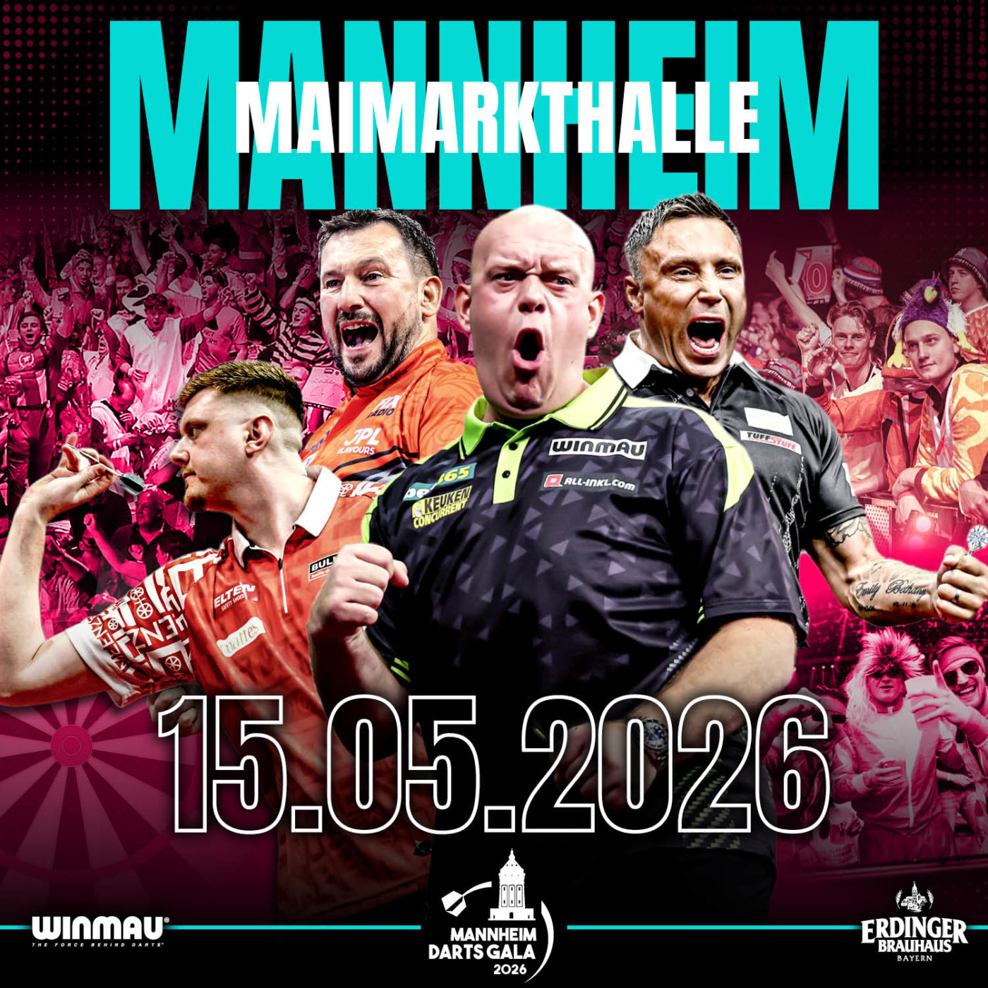 Eventgrafik der Mannheim Darts Gala 2026 in der Maimarkthalle. Zeigt Niko Springer, Jonny Clayton, Michael van Gerwen und Gerwyn Price.