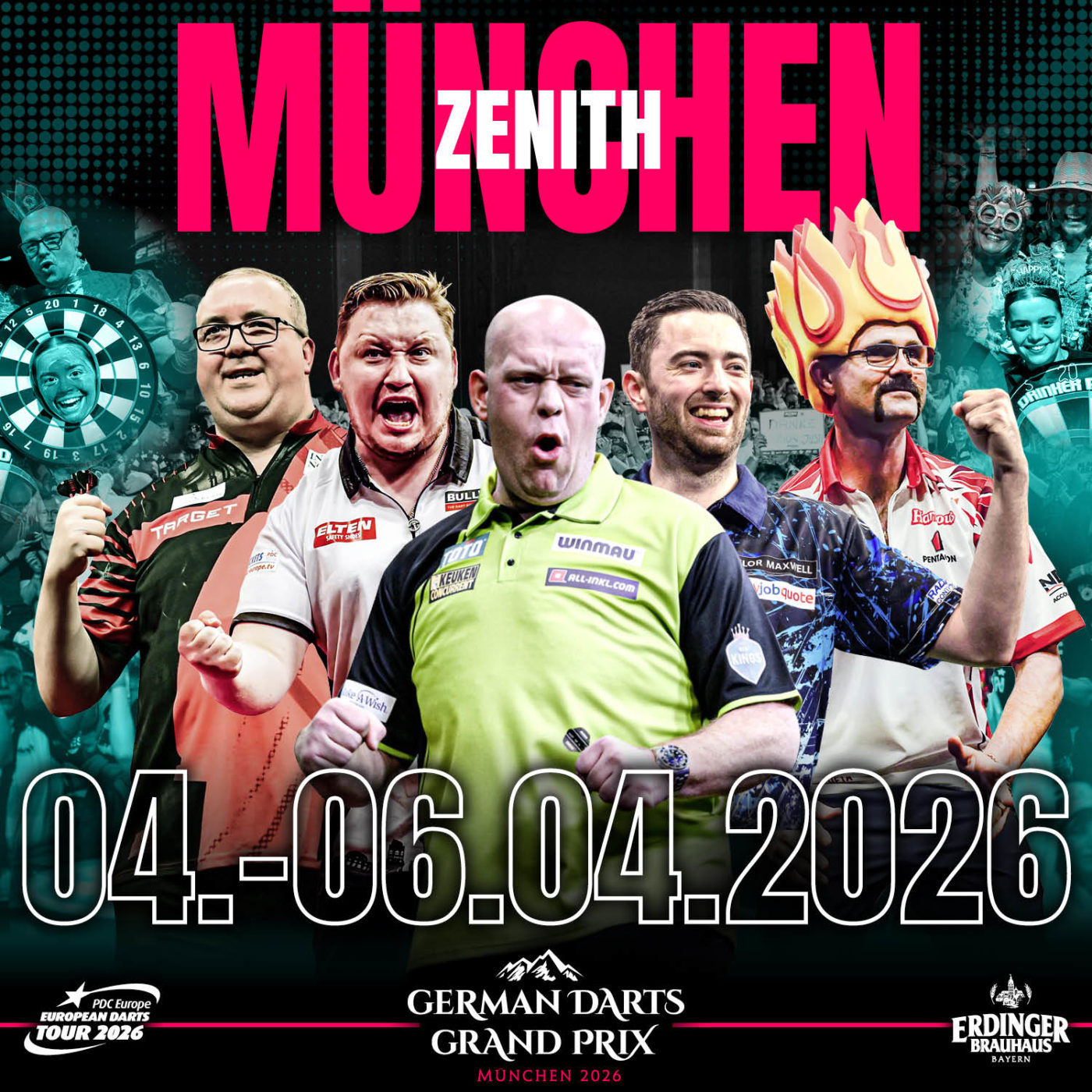 Eventgrafik des German Darts Grand Prix 2026 im Zenith in München. Zeigt Stephen Bunting, Martin Schindler, Michael van Gerwen, Luke Humphries und Damon Heta.