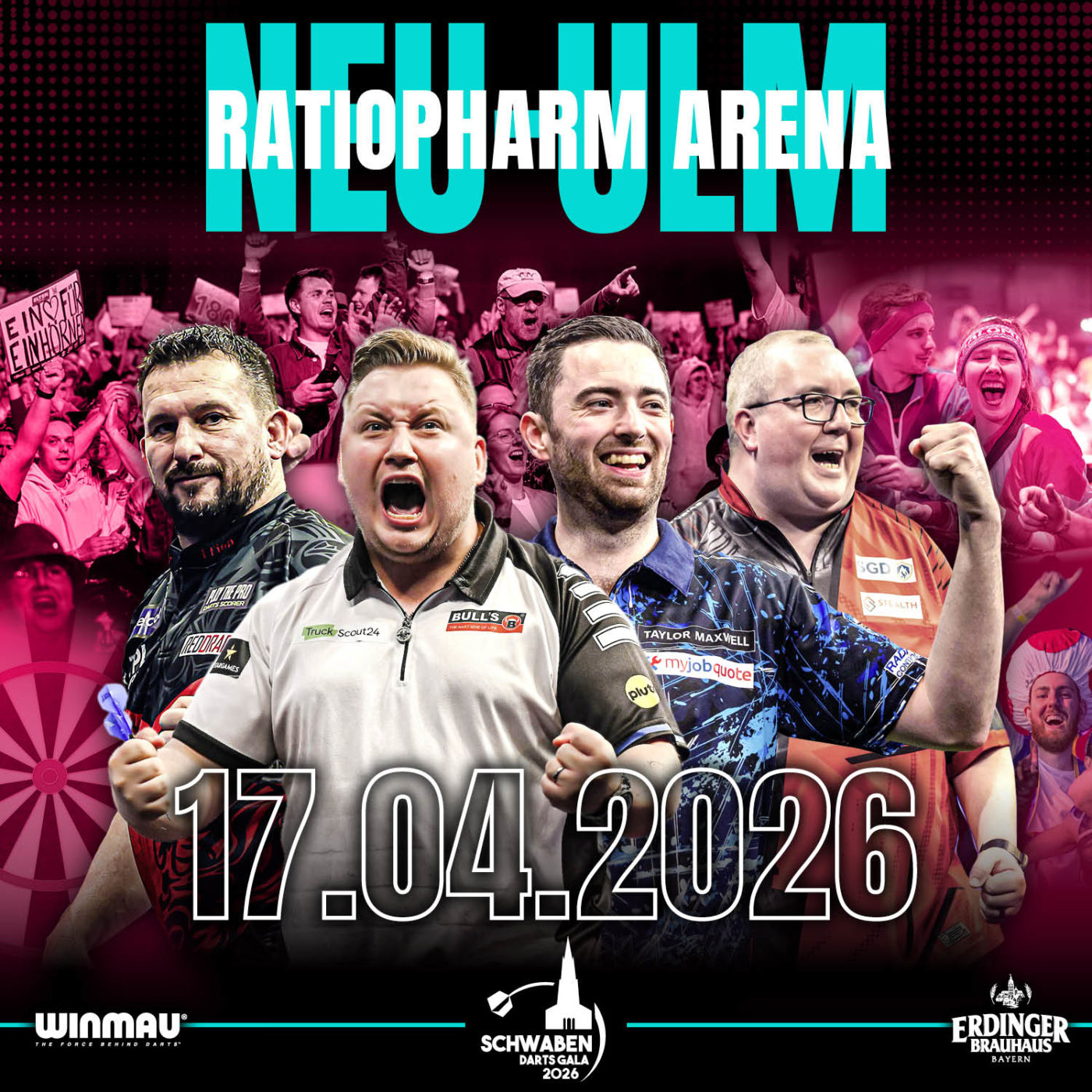 Eventgrafik der Schwaben Darts Gala 2026 in der ratiopharm Arena in Neu-Ulm. Zeigt Jonny Clayton, Martin Schindler, Luke Humphries und Stephen Bunting.