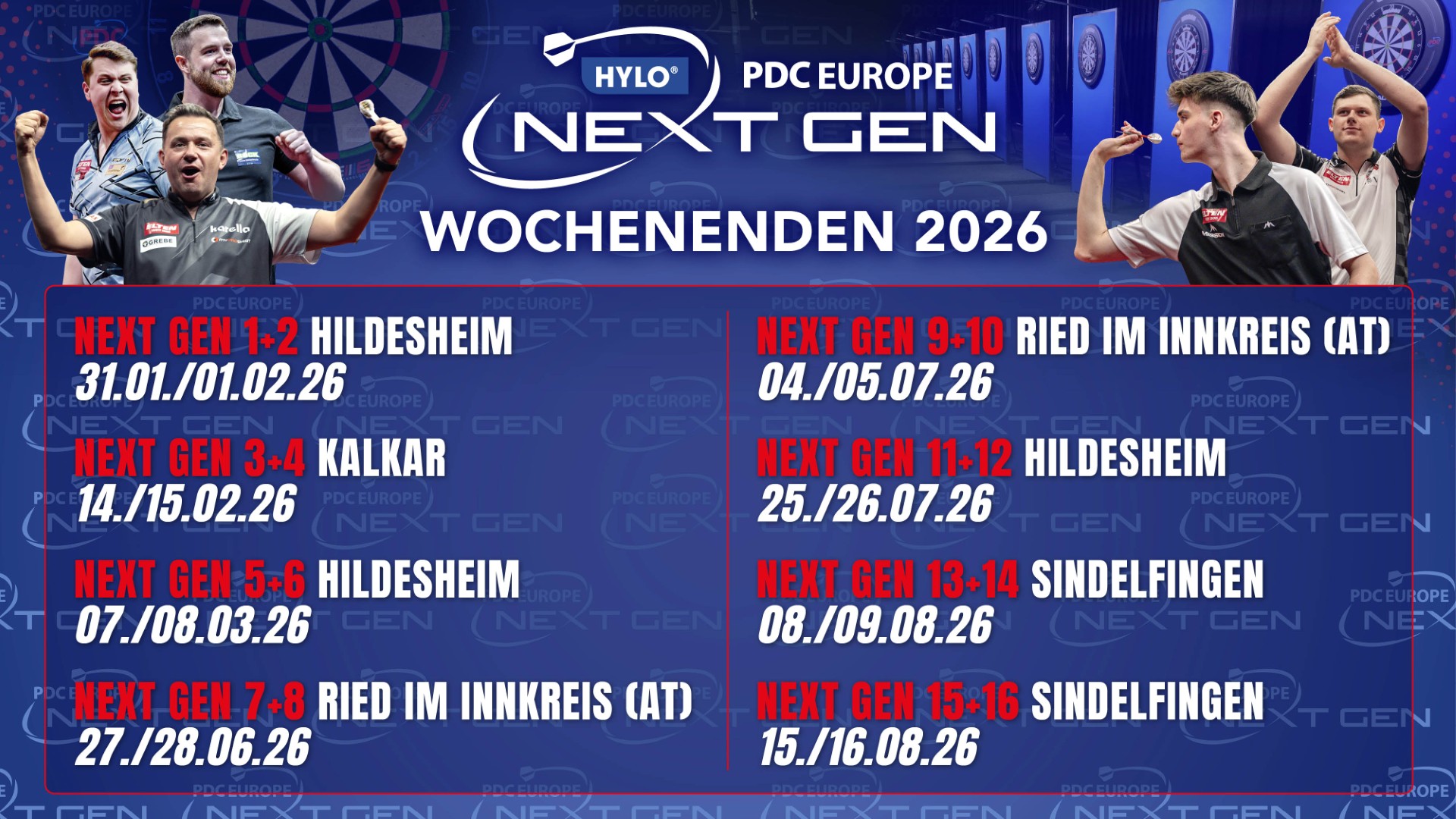 Tourgrafik der PDC Europe Next Gen mit allen Standorten und Terminen in Deutschland und Österreich. Zeig Paul Krohne, Kevin Troppmann, Daniel Klose, Yorick Hofkens und Felix Springer.