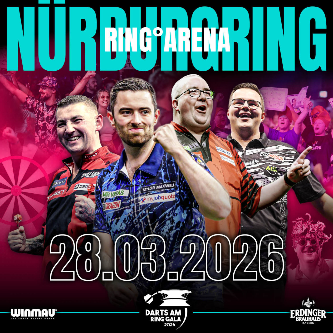 Eventgrafik der Darts am Ring Gala 2026 in der ring°arena am Nürburgring. Zeigt Nathan Aspinall, Luke Humphries, Stephen Bunting und Gian van Veen.
