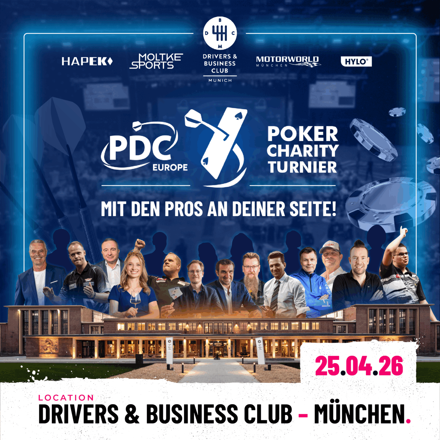 Eventgrafik des PDC Europe Poker Charity Turniers 2026 im Drivers & Business Club München. Zeigt Jan Stecker, Max Hopp. Michael Körner, Anna Zenz, Dirk van Duijvenbode, Jan Heitmann, Stephan Kalhammer, Simon Whitlock, Basti Schwele, Thomas Helmer, Michael Guillame, George Danzer und Gian van Veen.