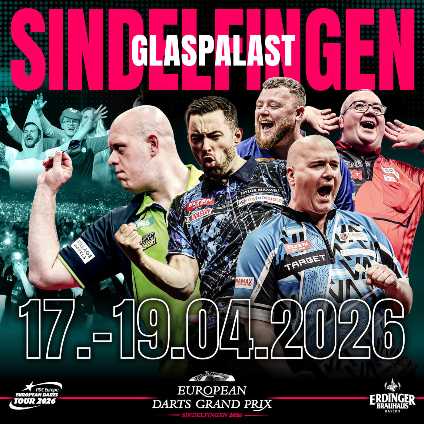 Eventgrafik des European Darts Grand Prix 2026 im Glaspalast in Sindelfingen. Zeigt Michael van Gerwen, Luke Humphries, Josh Rock, Stephen Bunting und Rob Cross.