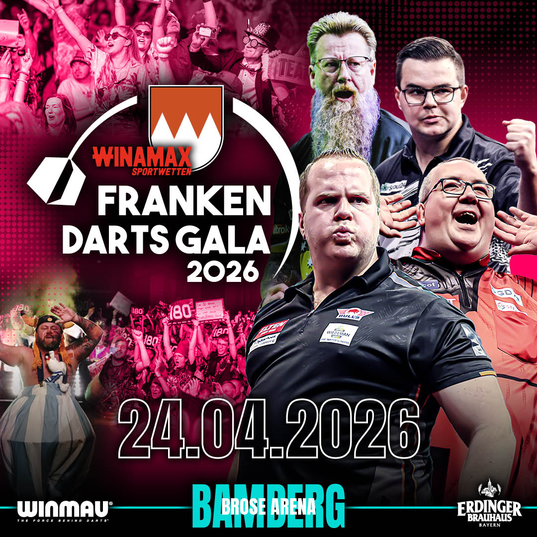 Eventgrafik der Franken Darts Gala 2026 in der brose Arena in Bamberg. Zeigt Dirk van Duijvenbode, Simon Whitlock, Gian van Veen und Stephen Bunting.