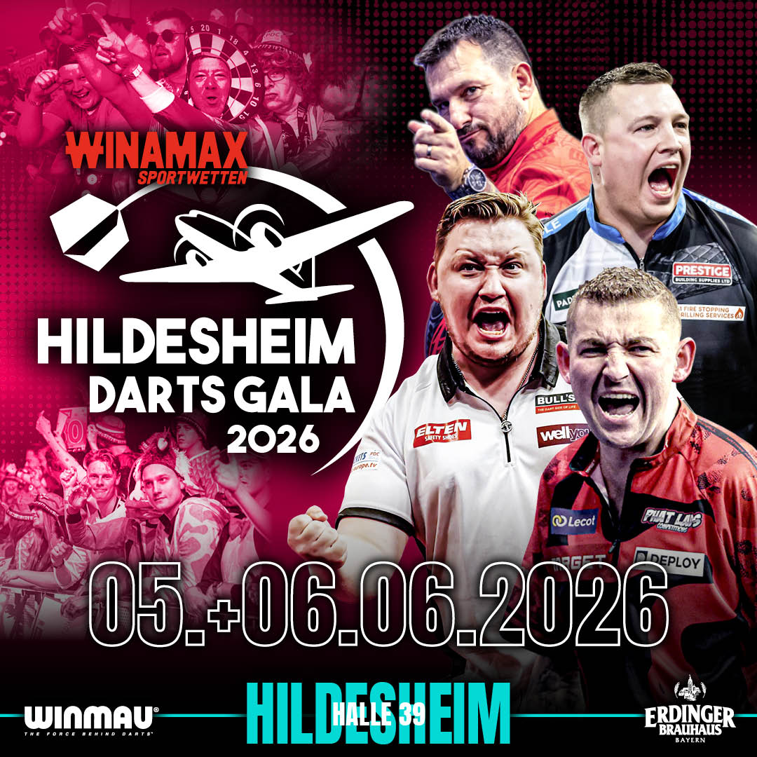 Eventgrafik der Hildesheim Darts Gala 2026 in der Halle 39. Zeigt Jonny Clayton, Nathan Aspinall, Martin Schindler und Chris Dobey.