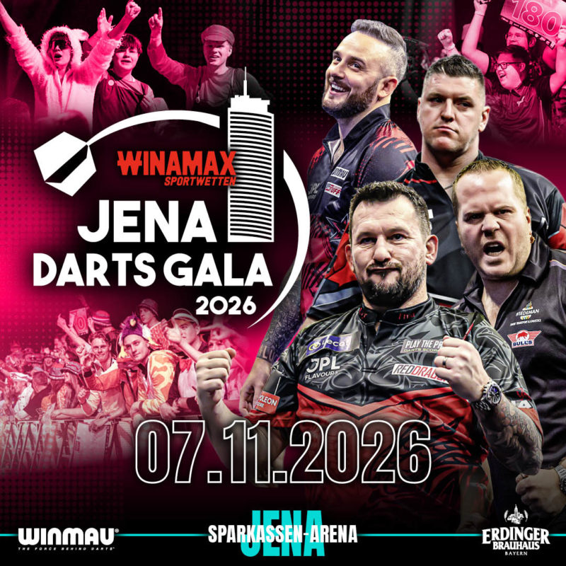 Eventgrafik der Jena Darts Gala 2026 in der Sparkassen-Arena in Jena. Zeigt Dirk van Duijvenbode, Joe Cullen, Daryl Gurney und Jonny Clayton.